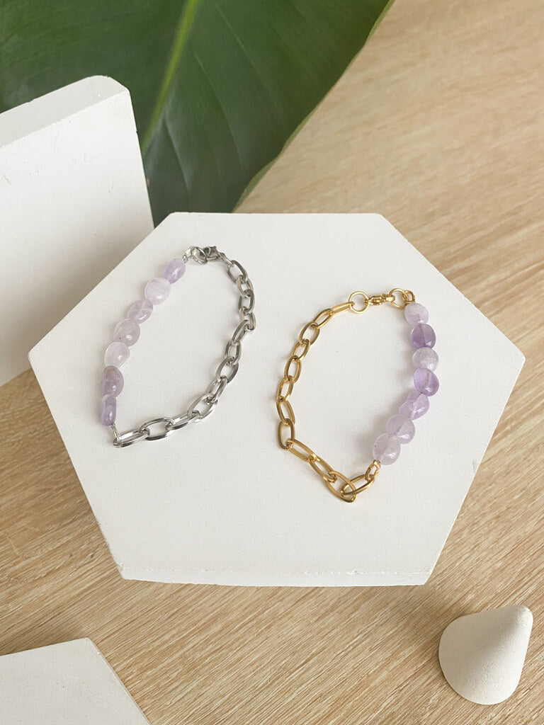 bracelet en acier inoxydable dore argent et pierre naturelle amethyste violet